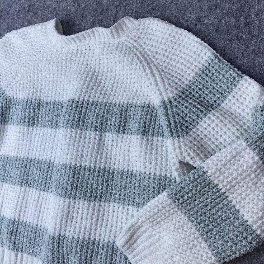 Bearpaw Women’s Chenille Sweater Chunky Knit Striped White & Gray Size Large - Picture 10 of 11